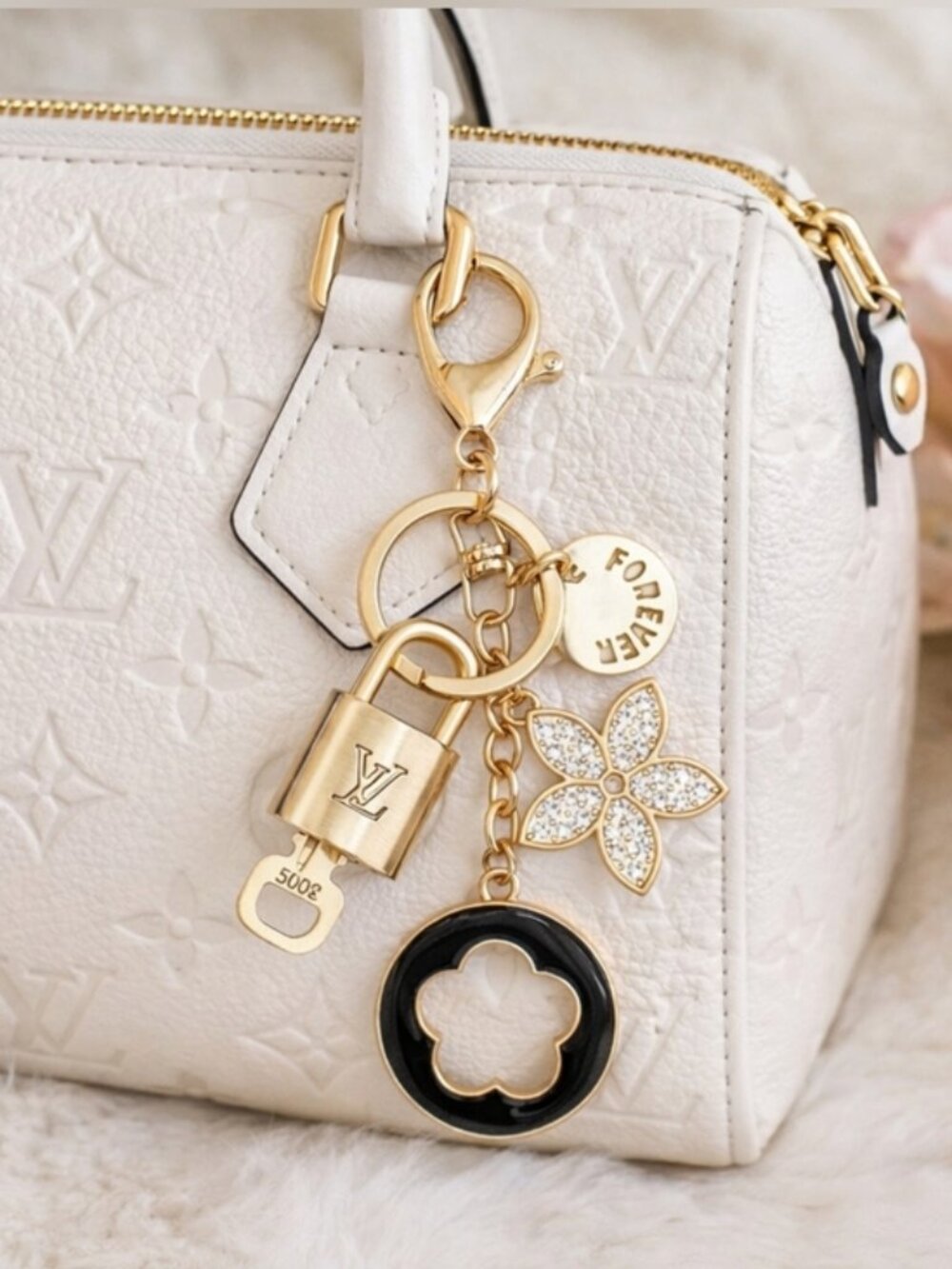 Authentic Louis Vuitton Gold Lock & Key 🔑 Bag Charm w/ Unbranded Flower Charm